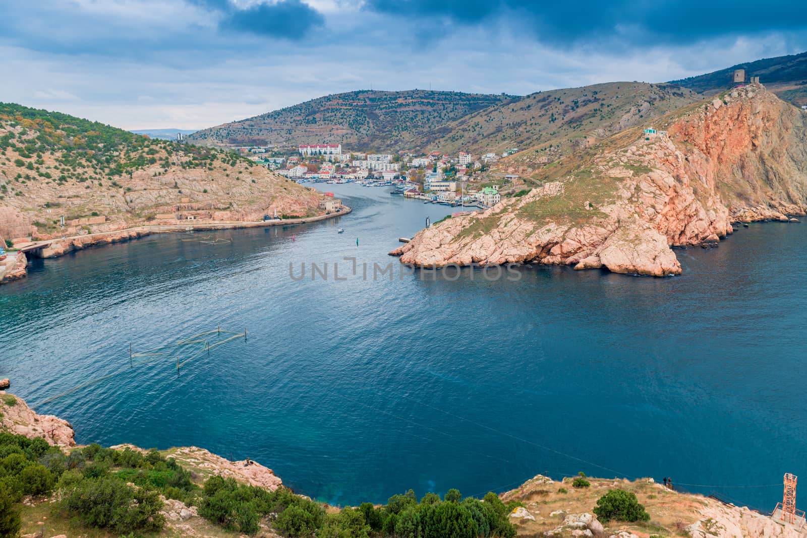 Beautiful autumn nature of the Crimean peninsula in November, view of Balaklava bay, Russia