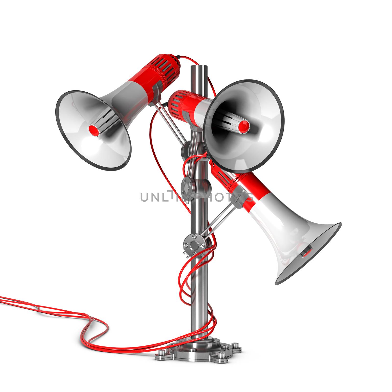 3D illustration of three loudspeakers mounted on a pole over white background.