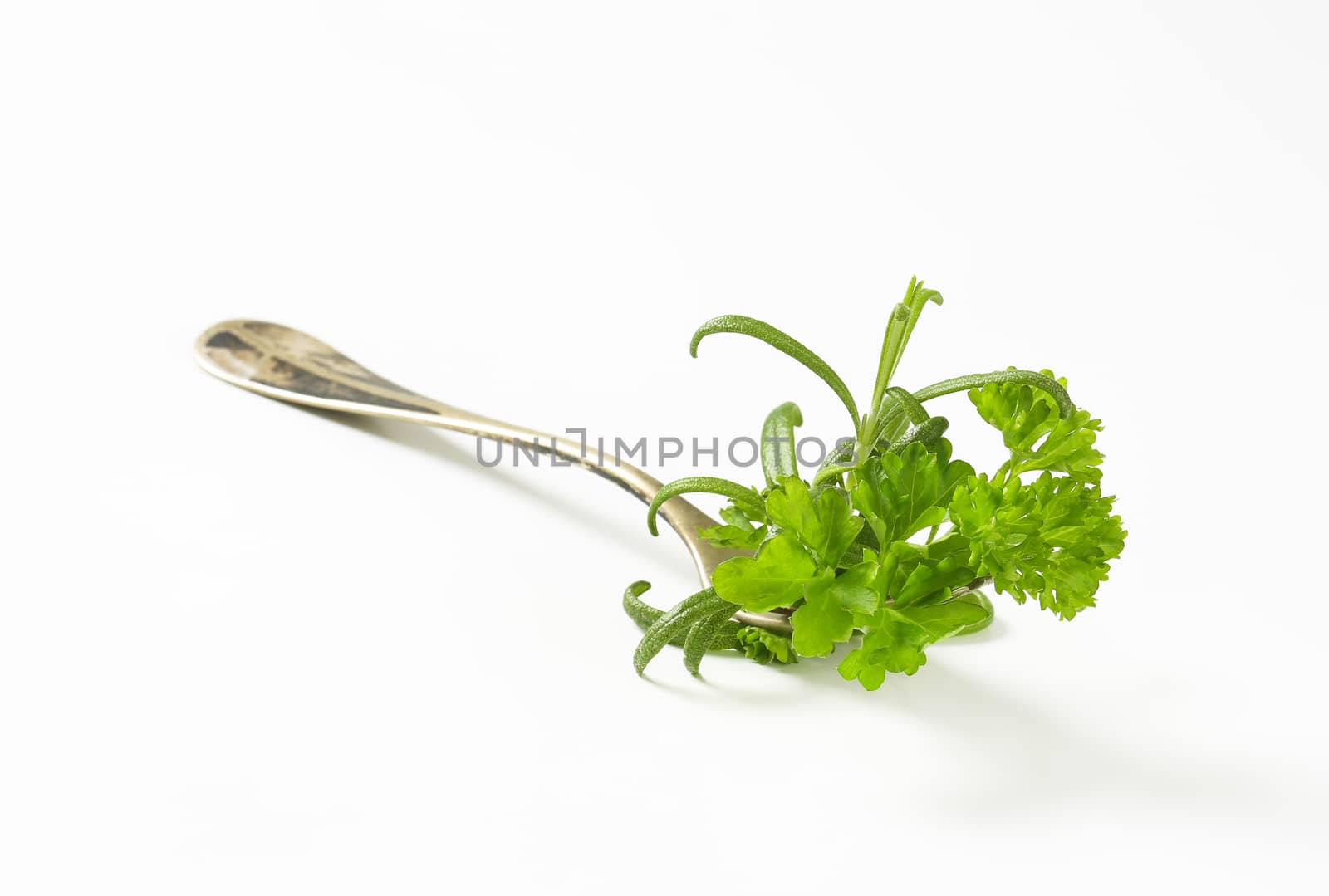 Fresh parsley and rosemary on fork