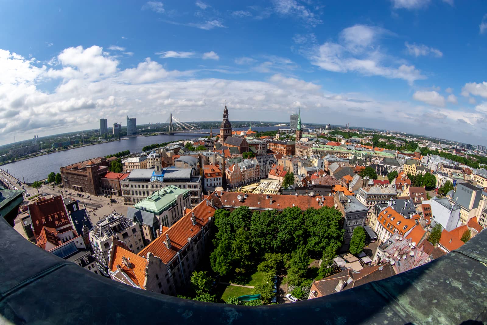Fisheye aerial view of Riga city from st. Peter's church in Latvia. Panoramic view of Riga with cloudy blue sky. Fisheye lens.