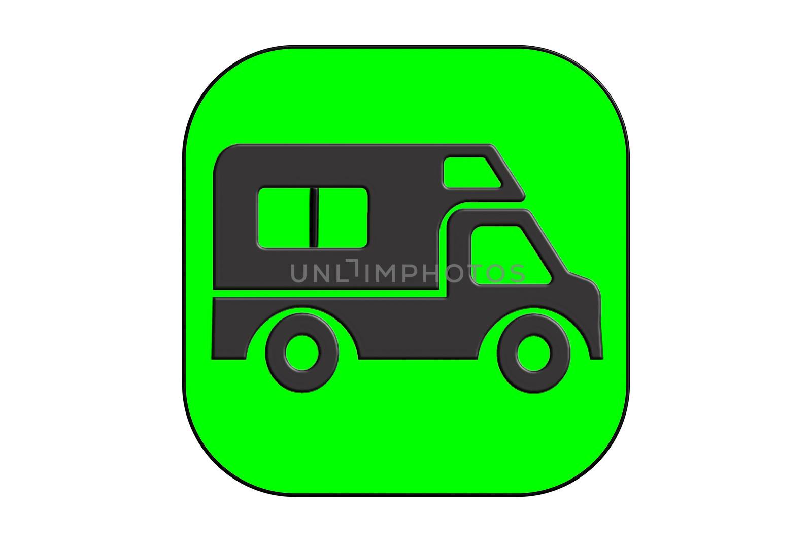 Black silhouetted RVs, Camper vans/ camping cars, truck trailers, flat design icons, isolated on green background