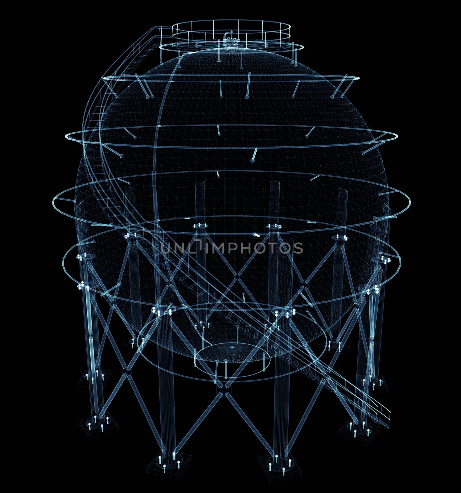 Spherical gas tank consisting of luminous lines and dots. 3d illustration on a black background