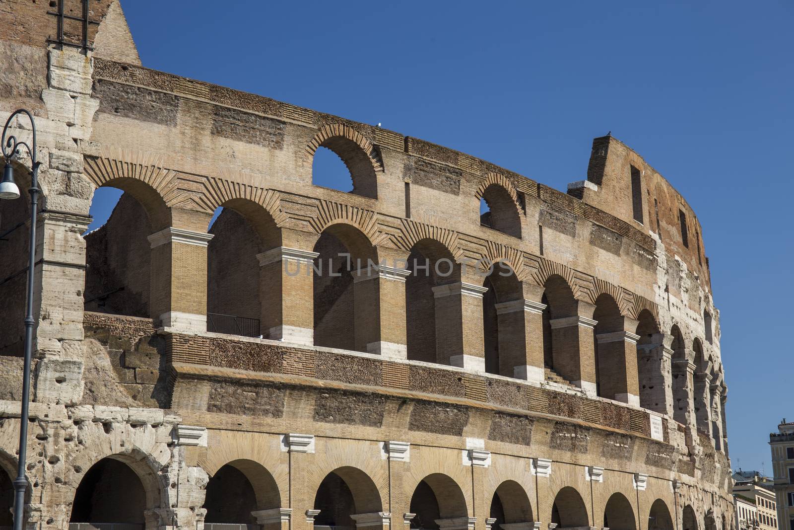 Colosseum in Rome from ground level along the old Roman Road during morning hours, bright and light. Italy, Landmark, Colloseum