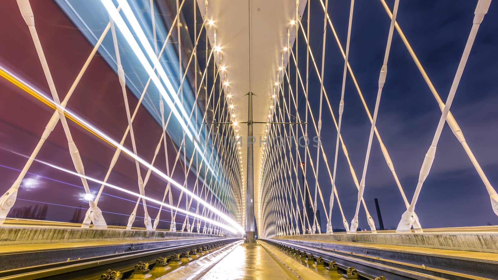 Night view of the Troja Bridge from the river Vltava, Trojsky most, Prague, Czech republic