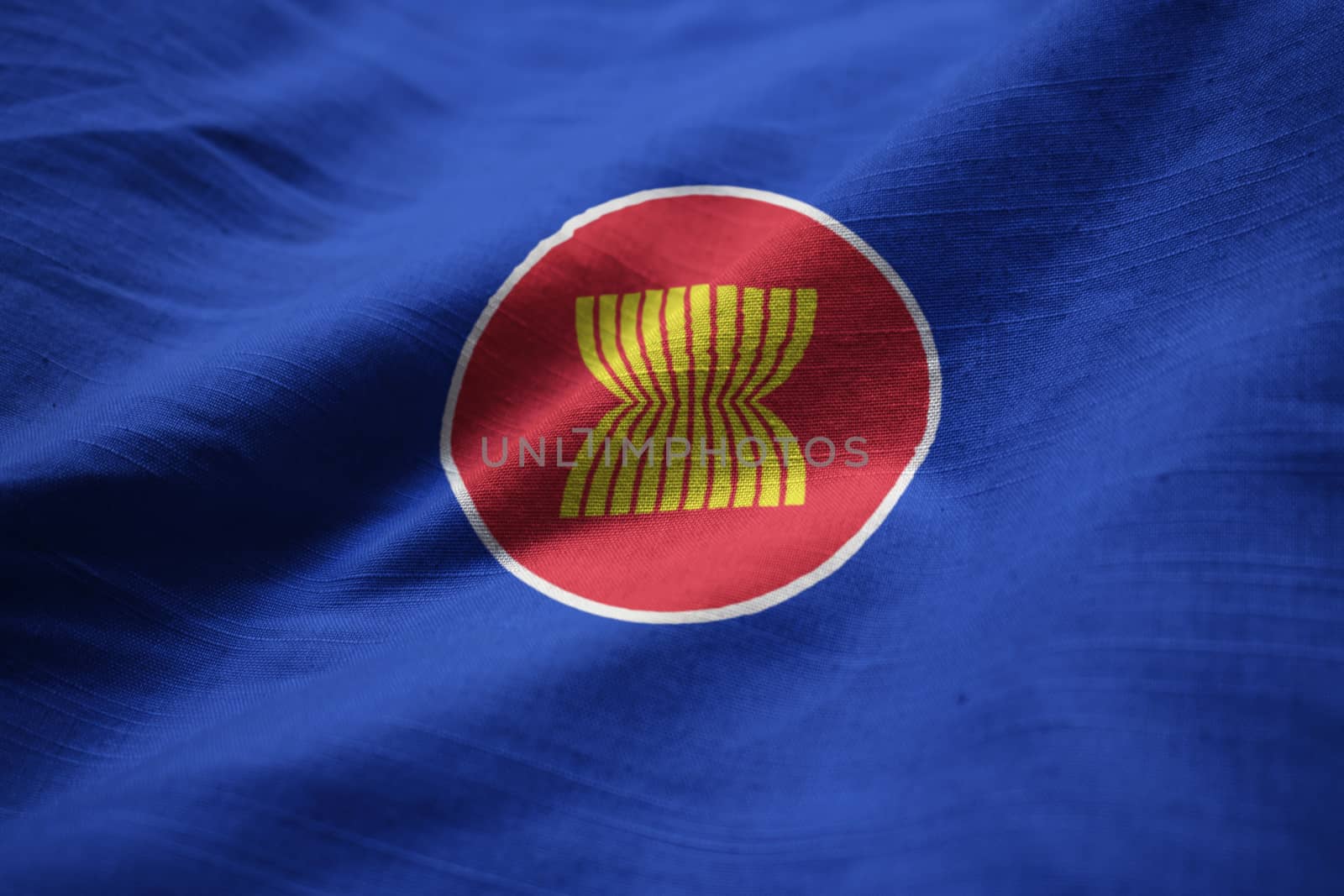 Closeup of Ruffled Association of Southeast Asian Nations Flag, ASEAN Flag Blowing in Wind