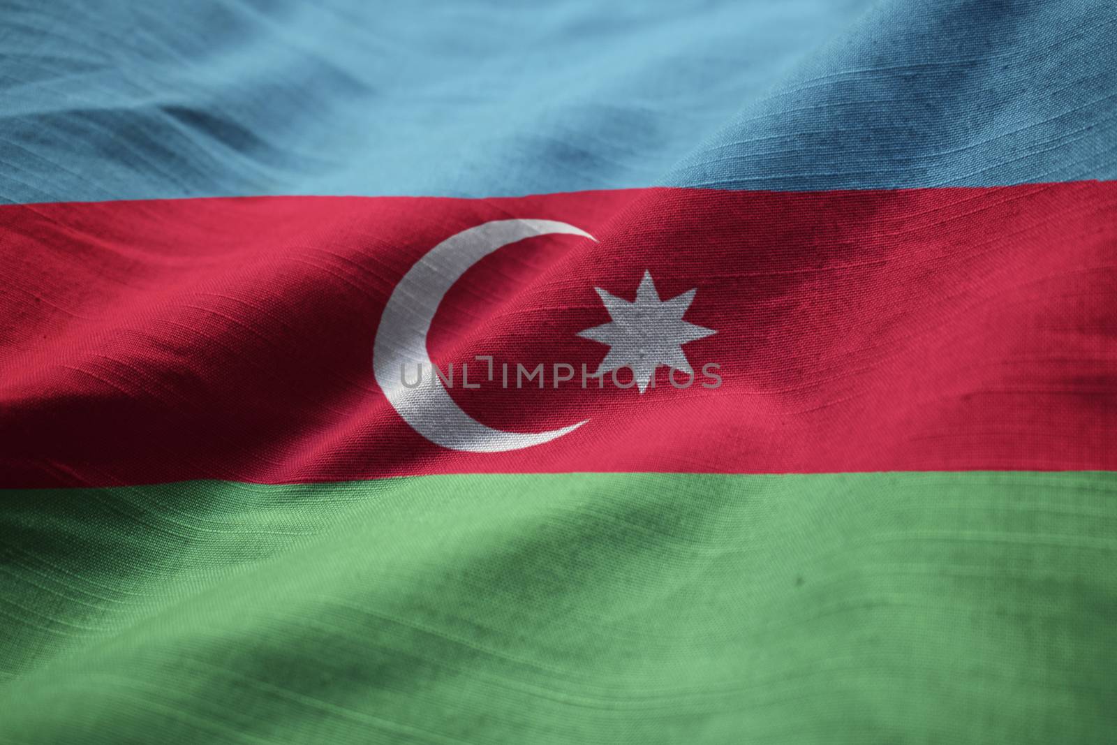 Closeup of Ruffled Azerbaijan Flag, Azerbaijan Flag Blowing in W by shaadjutt36