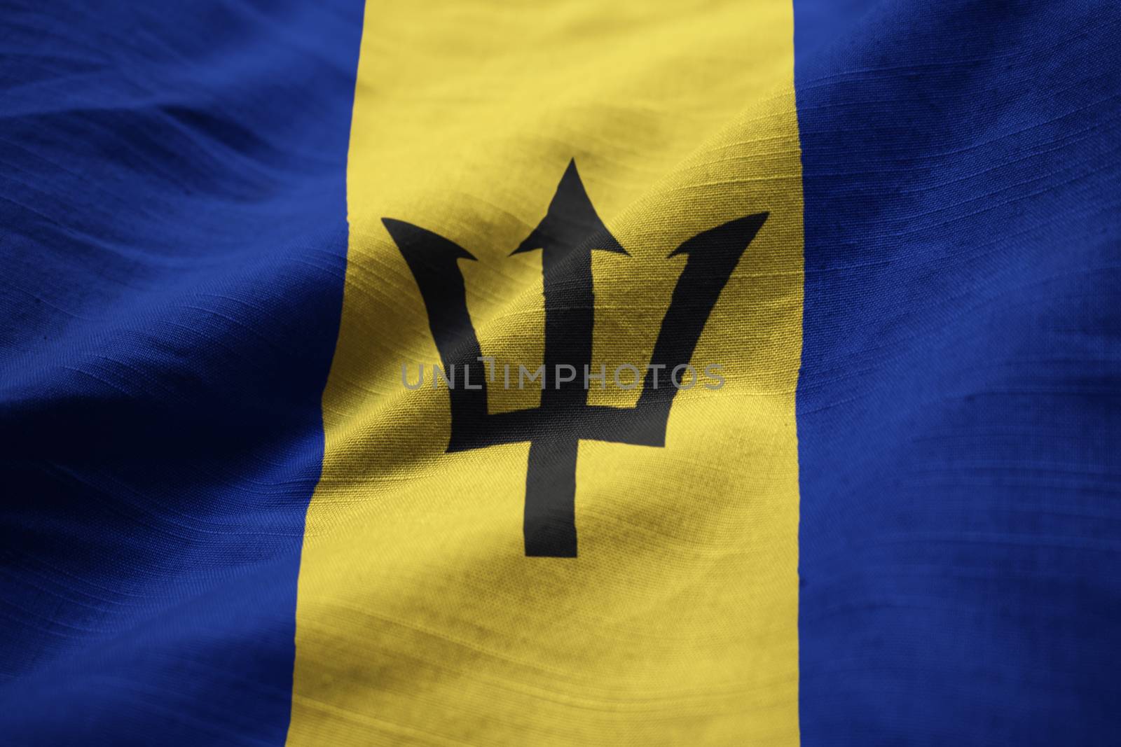 Closeup of Ruffled Barbados Flag, Barbados Flag Blowing in Wind