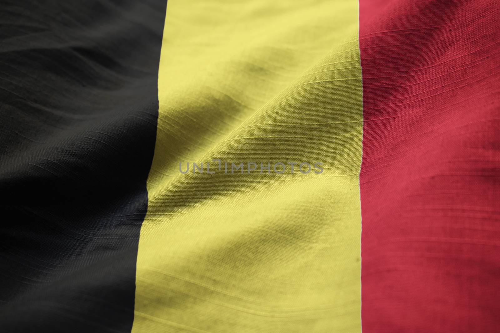 Closeup of Ruffled Belgium Flag, Belgium Flag Blowing in Wind