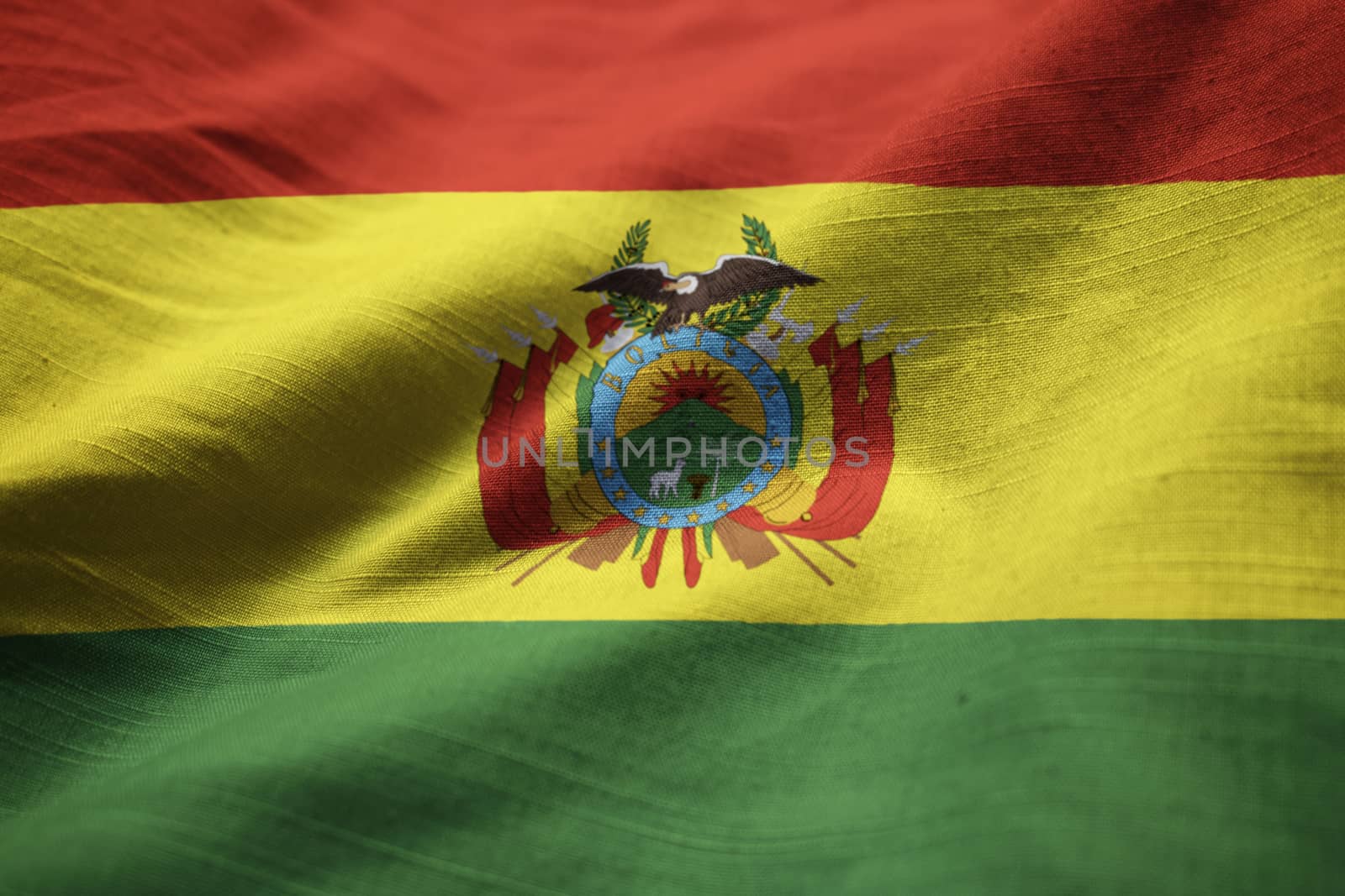 Closeup of Ruffled Bolivia Flag, Bolivia Flag Blowing in Wind