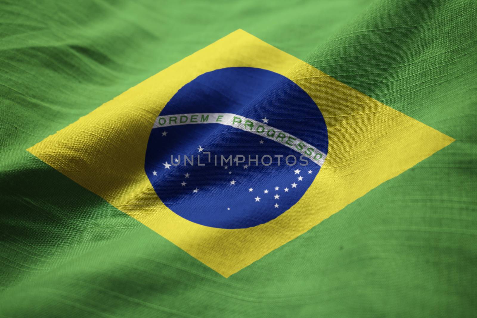 Closeup of Ruffled Brazil Flag, ​Brazil Flag Blowing in Wind