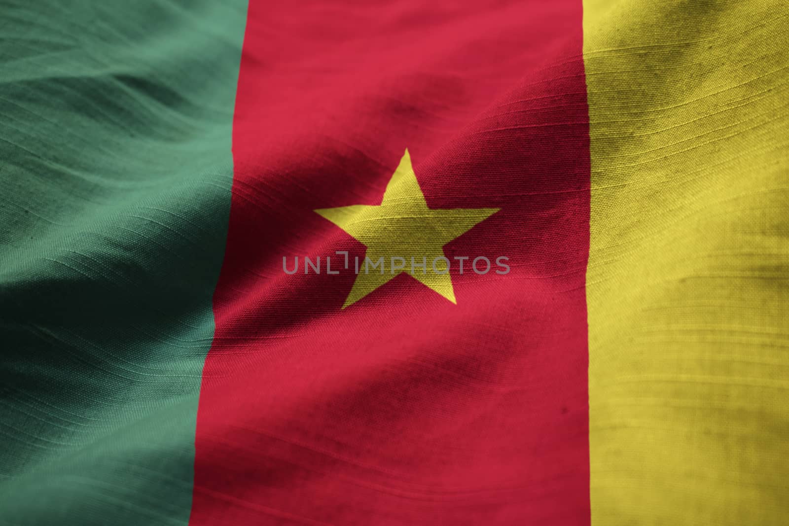 Closeup of Ruffled Cameroon Flag, Cameroon Flag Blowing in Wind