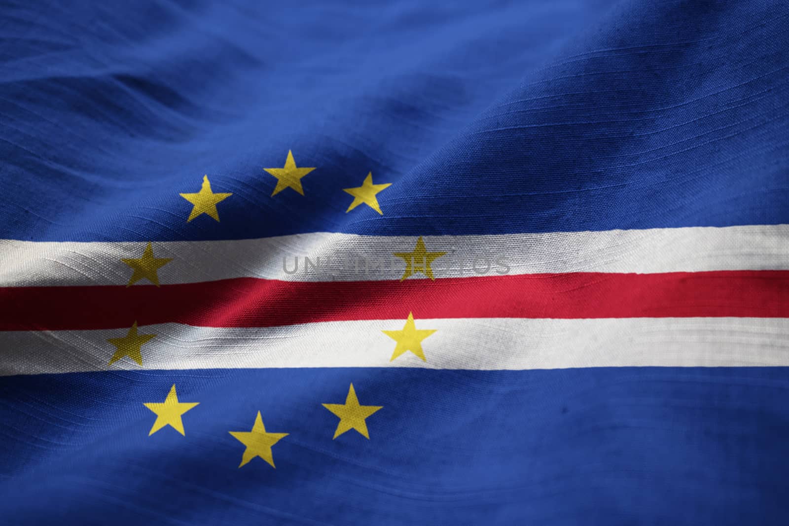 Closeup of Ruffled Cape Verde Flag, Cape Verde Flag Blowing in Wind