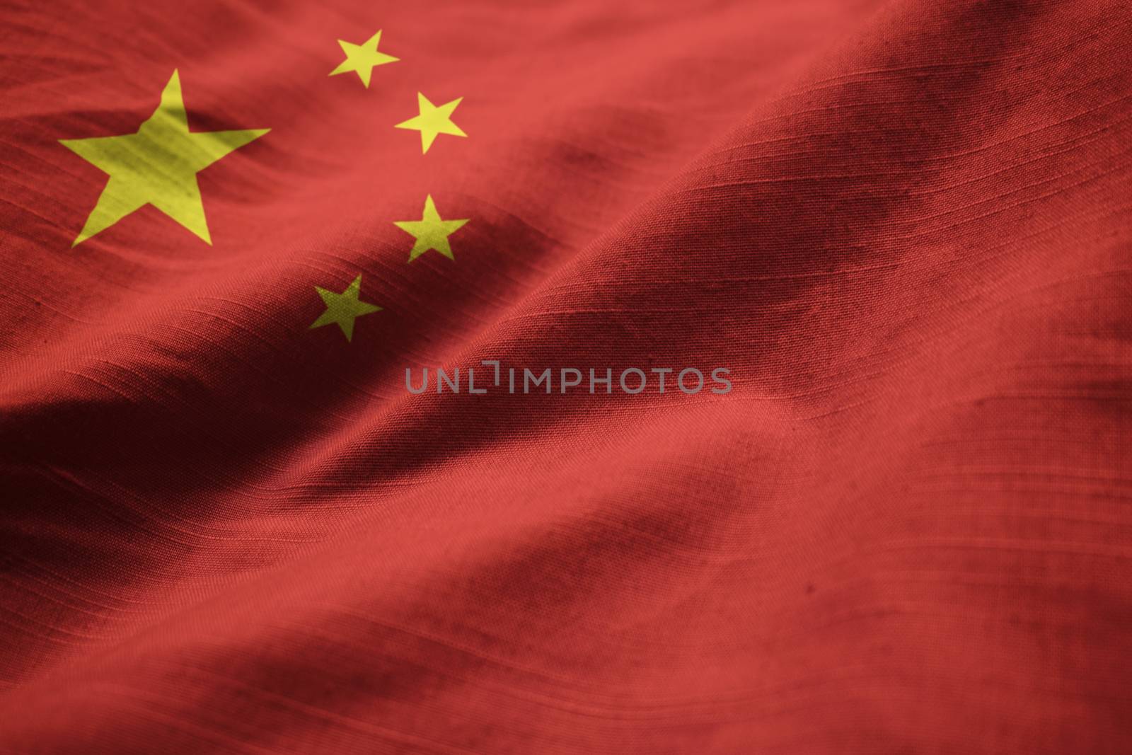 Closeup of Ruffled China Flag, China Flag Blowing in Wind