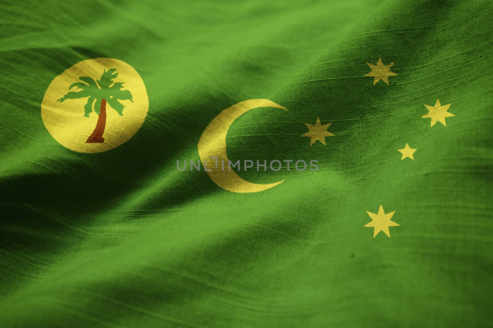 Closeup of Ruffled Cocos Islands Flag, Cocos Islands Flag Blowing in Wind