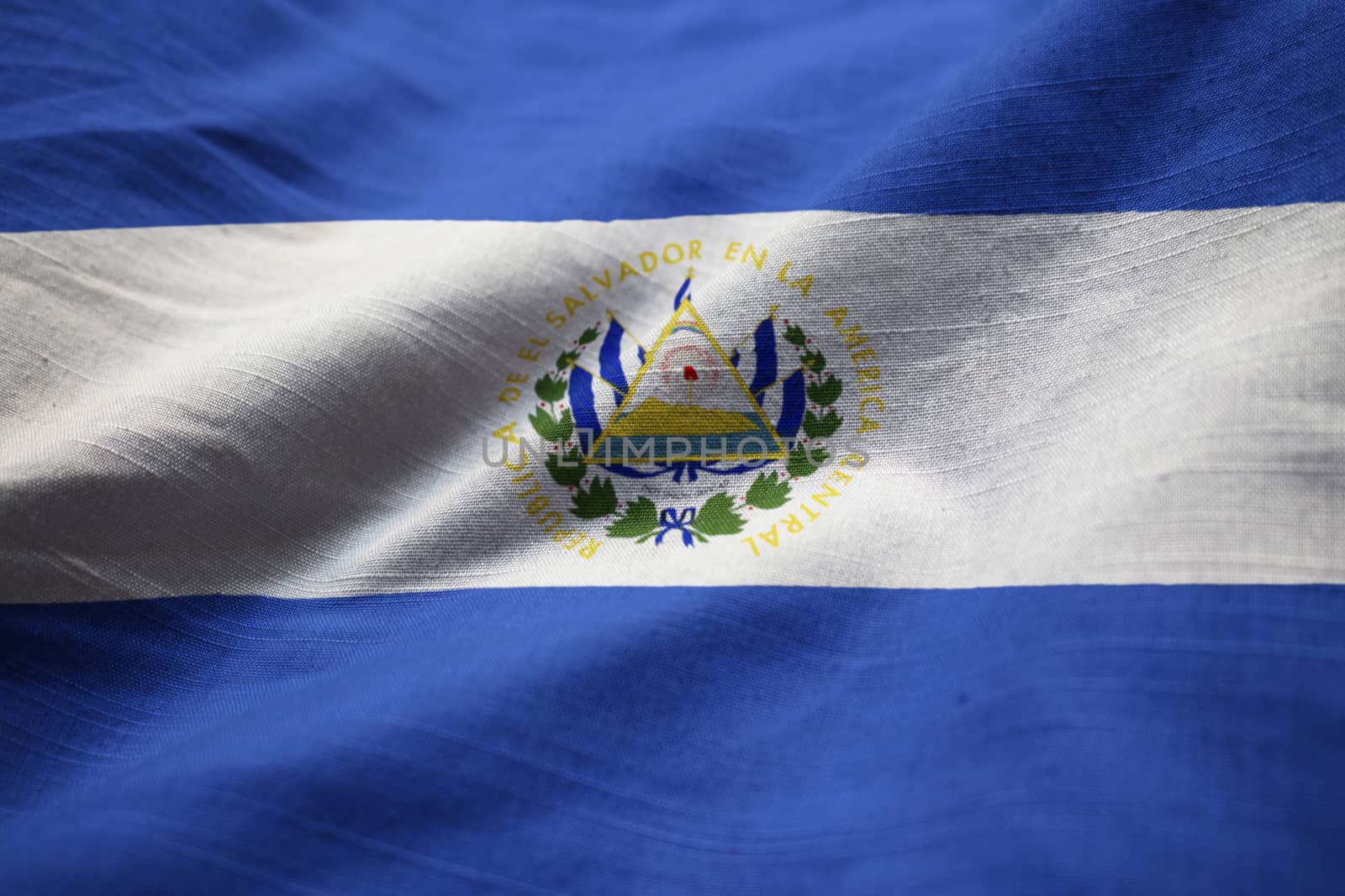 Closeup of Ruffled El Salvador Flag, El Salvador Flag Blowing in by shaadjutt36