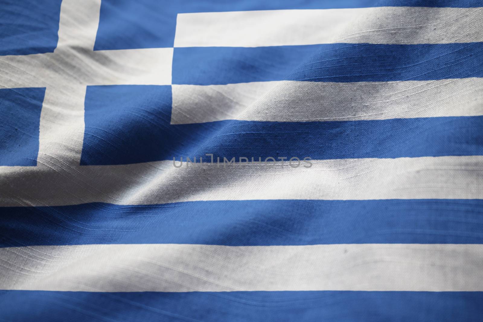 Closeup of Ruffled Greece Flag, Greece Flag Blowing in Wind by shaadjutt36