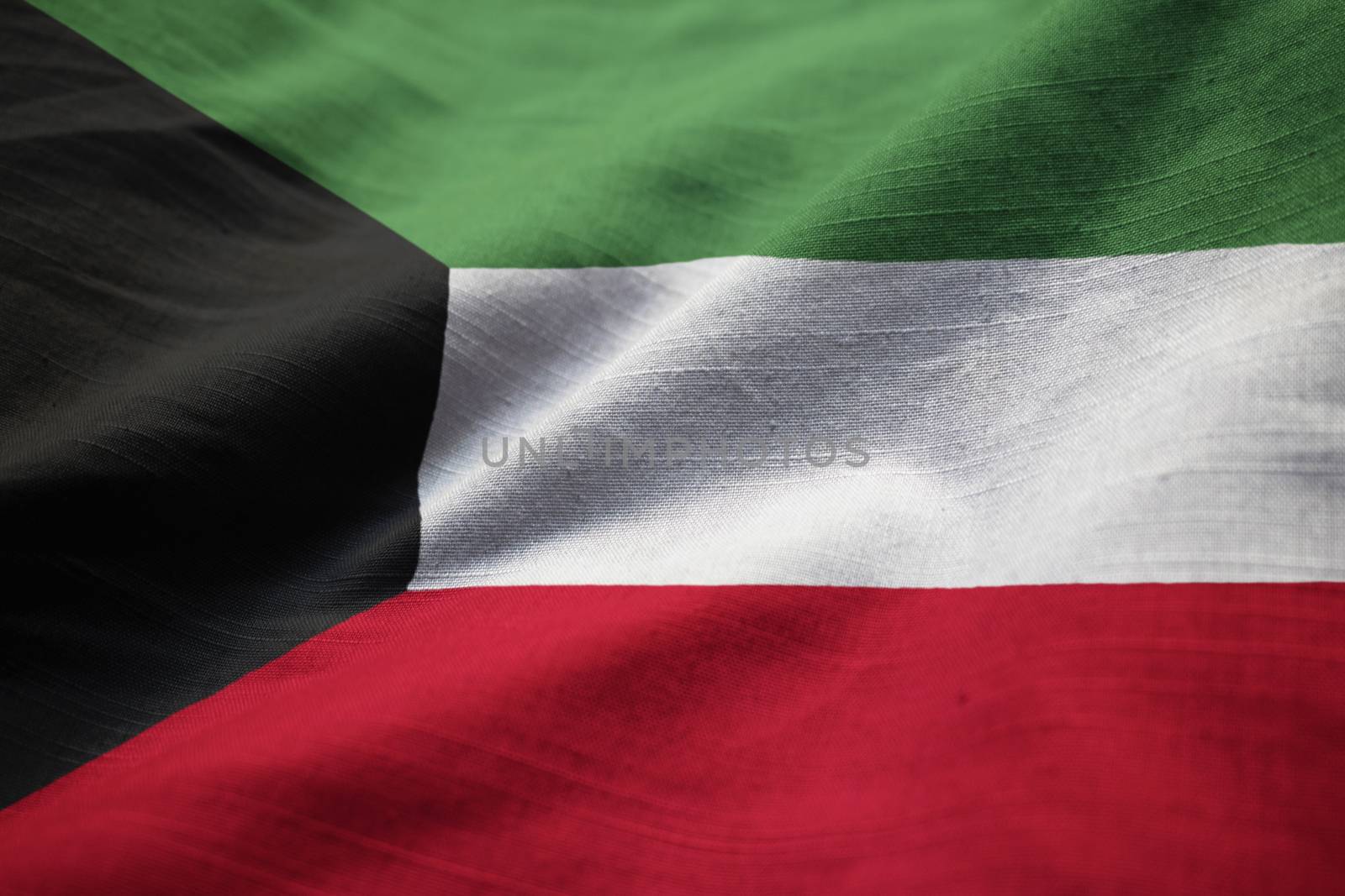 Closeup of Ruffled Kuwait Flag, Kuwait Flag Blowing in Wind