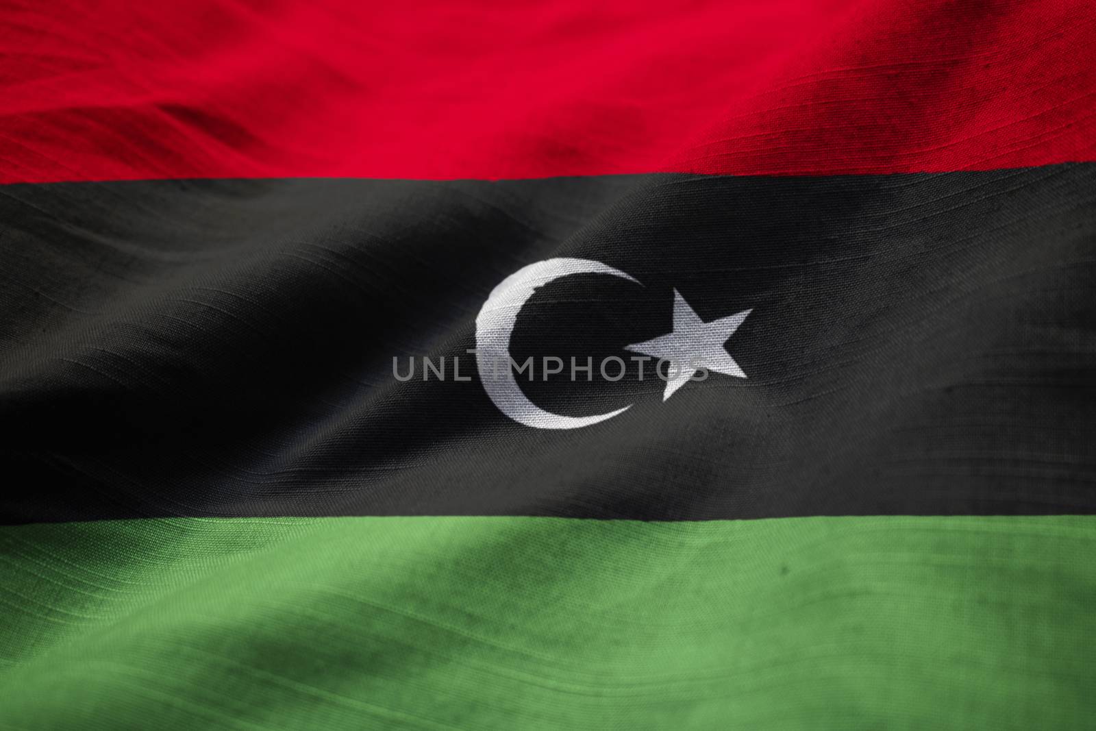 Closeup of Ruffled Libya Flag, Libya Flag Blowing in Wind