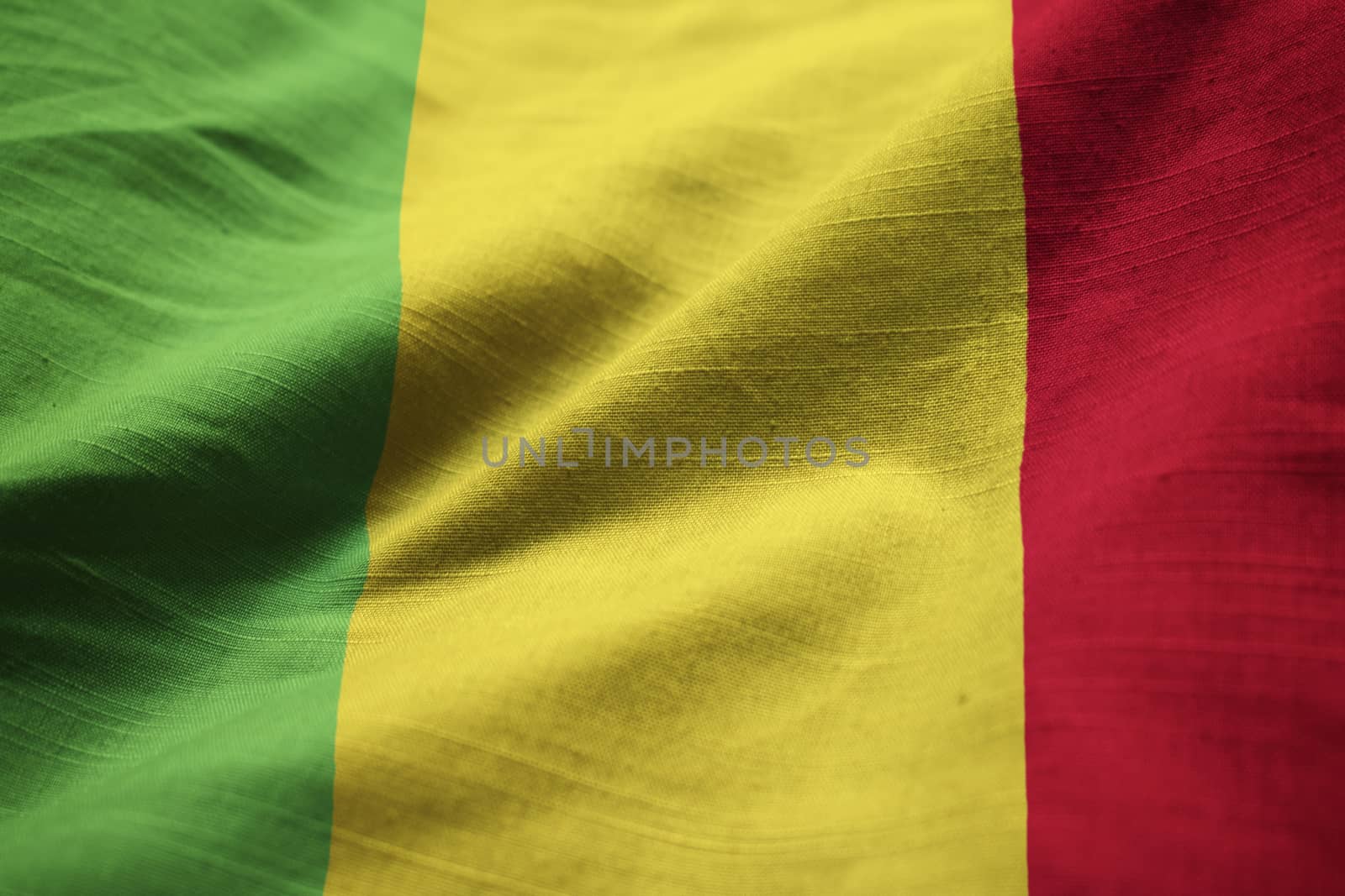 Closeup of Ruffled Mali Flag, Mali Flag Blowing in Wind