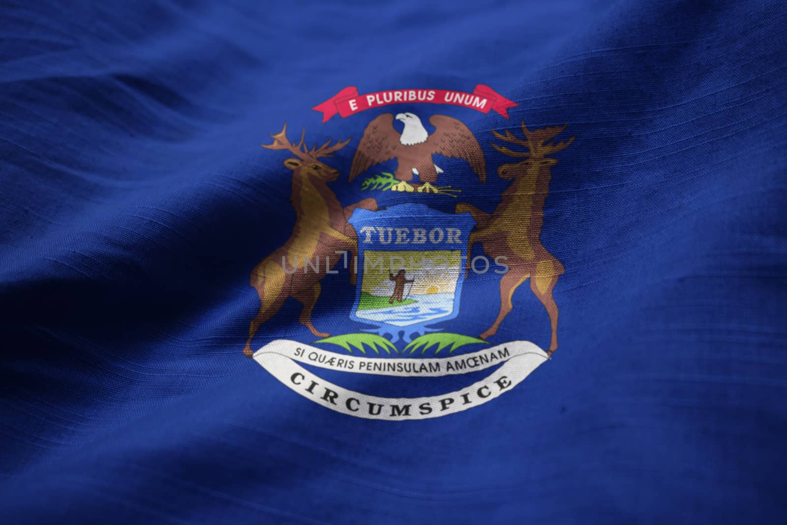 Closeup of Ruffled Michigan Flag, Michigan Flag Blowing in Wind by shaadjutt36