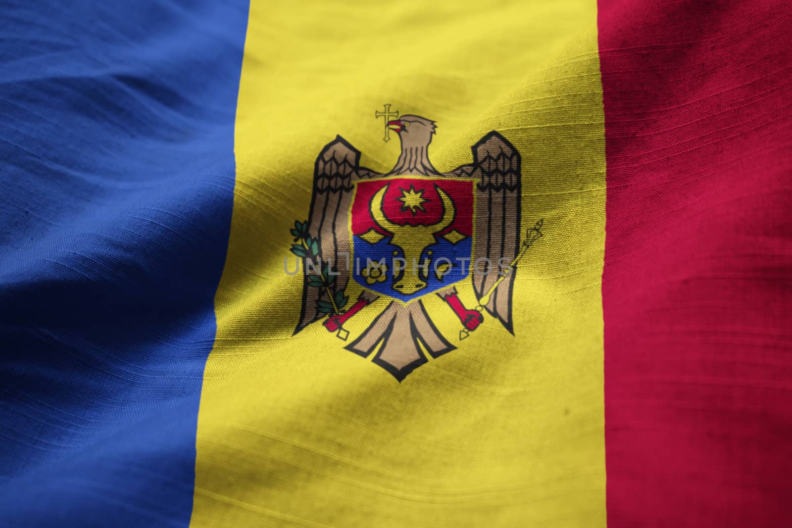 Closeup of Ruffled Moldova Flag, Moldova Flag Blowing in Wind