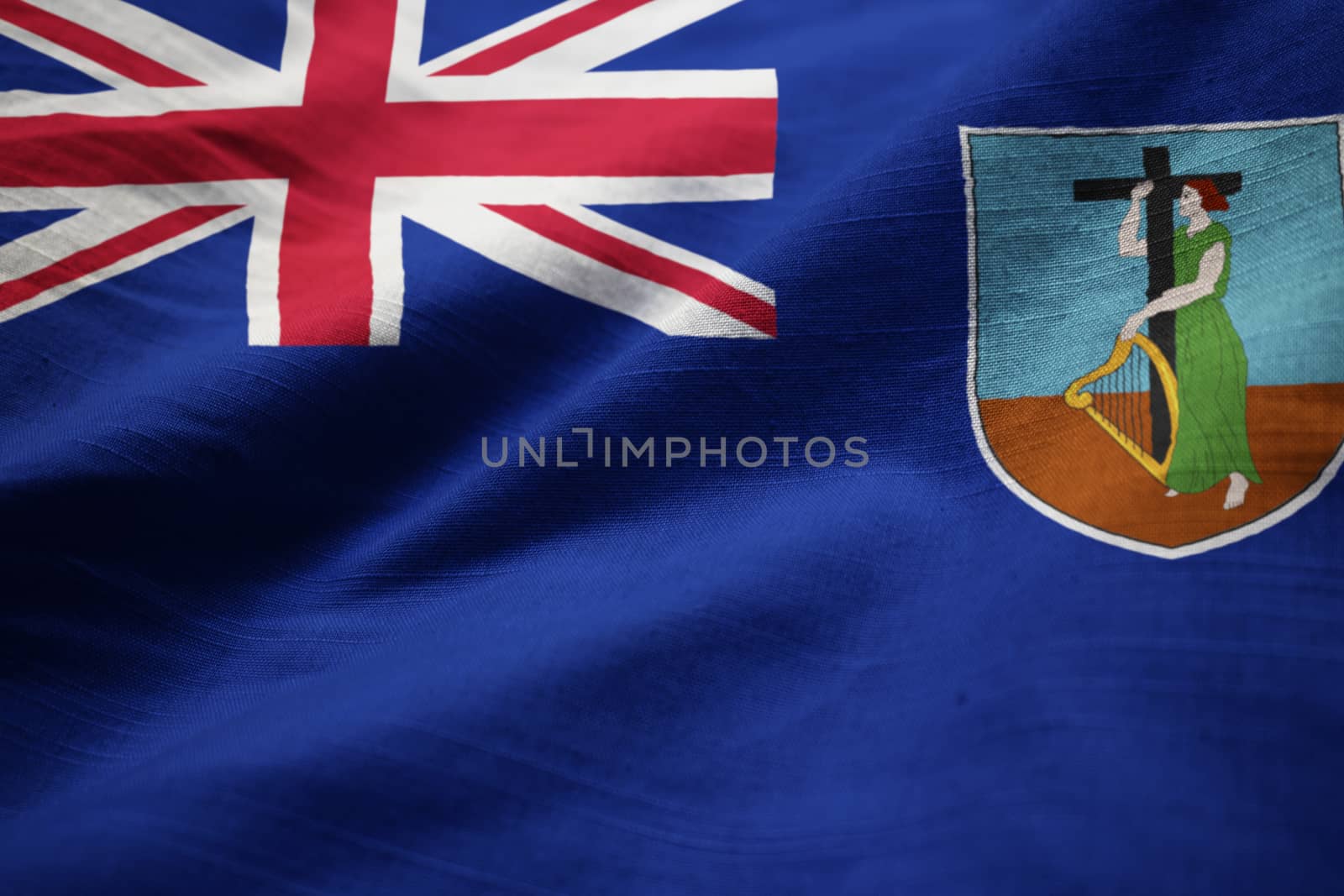 Closeup of Ruffled Montserrat Flag, Montserrat Flag Blowing in Wind