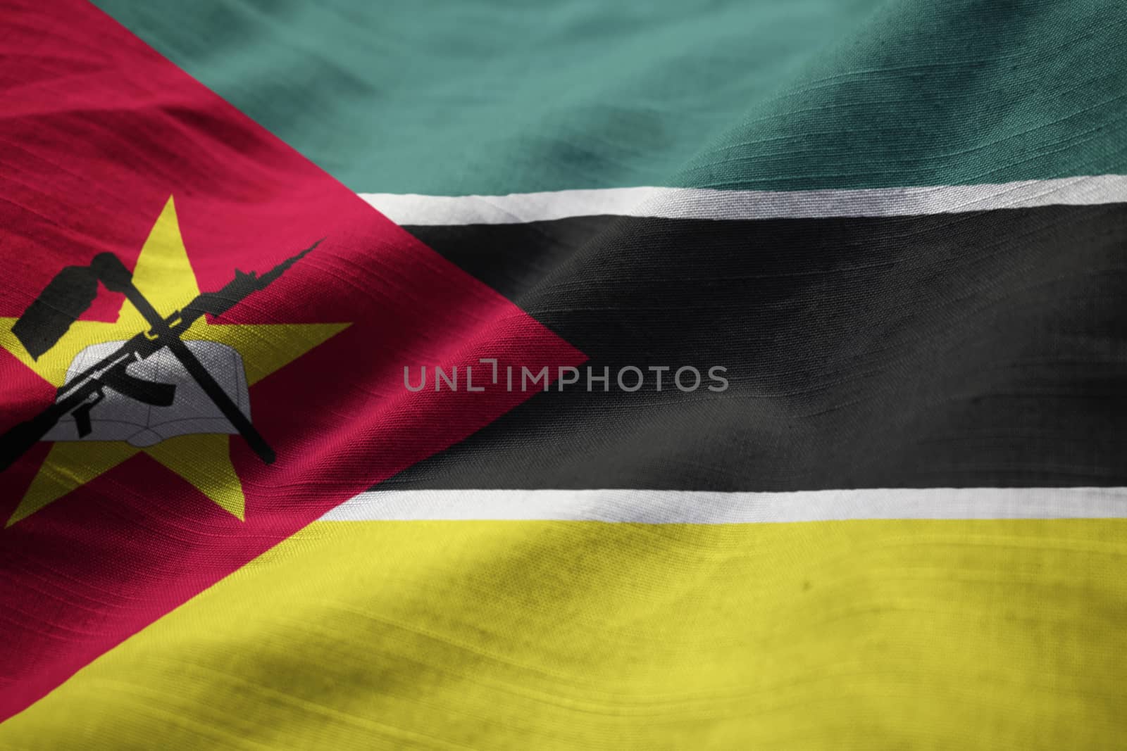 Closeup of Ruffled Mozambique Flag, Mozambique Flag Blowing in W by shaadjutt36