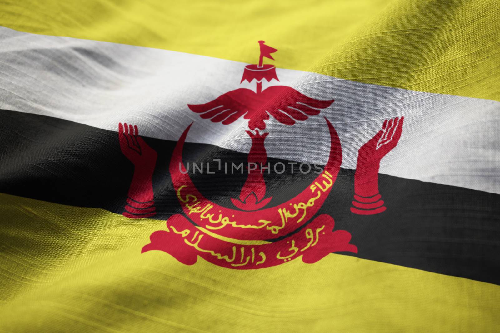 Closeup of Ruffled Brunei Flag, Brunei Flag Blowing in Wind