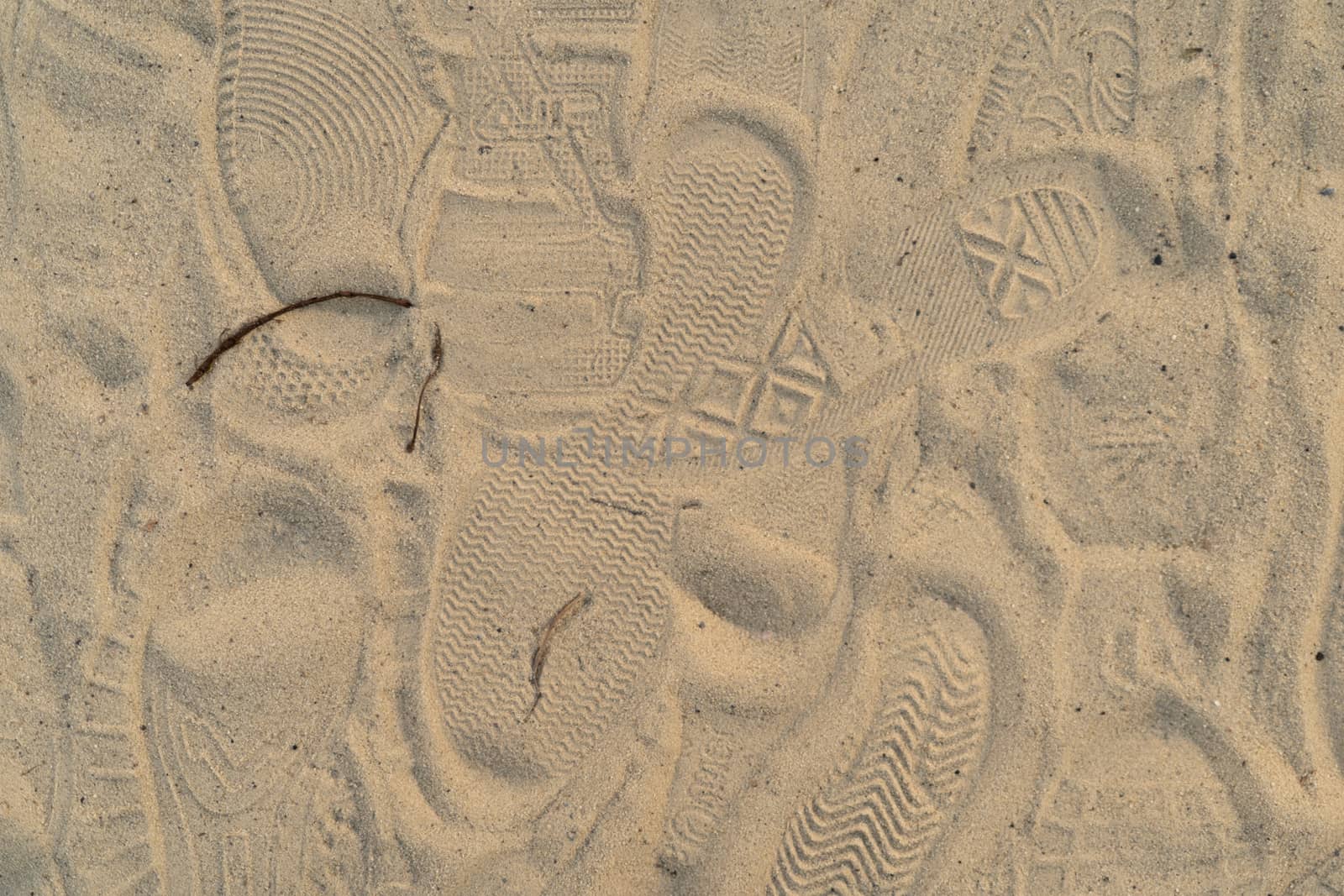 Sand on the beach with footprints and shoes. Many footprints with shoes and without shoes. by alexsdriver