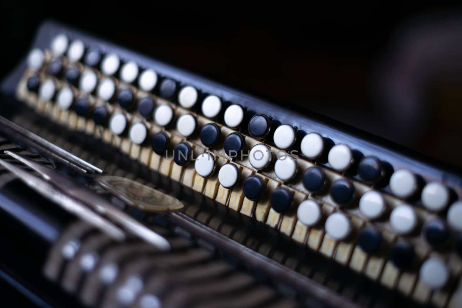 The old rare accordion buttons close up view. Low light photo.