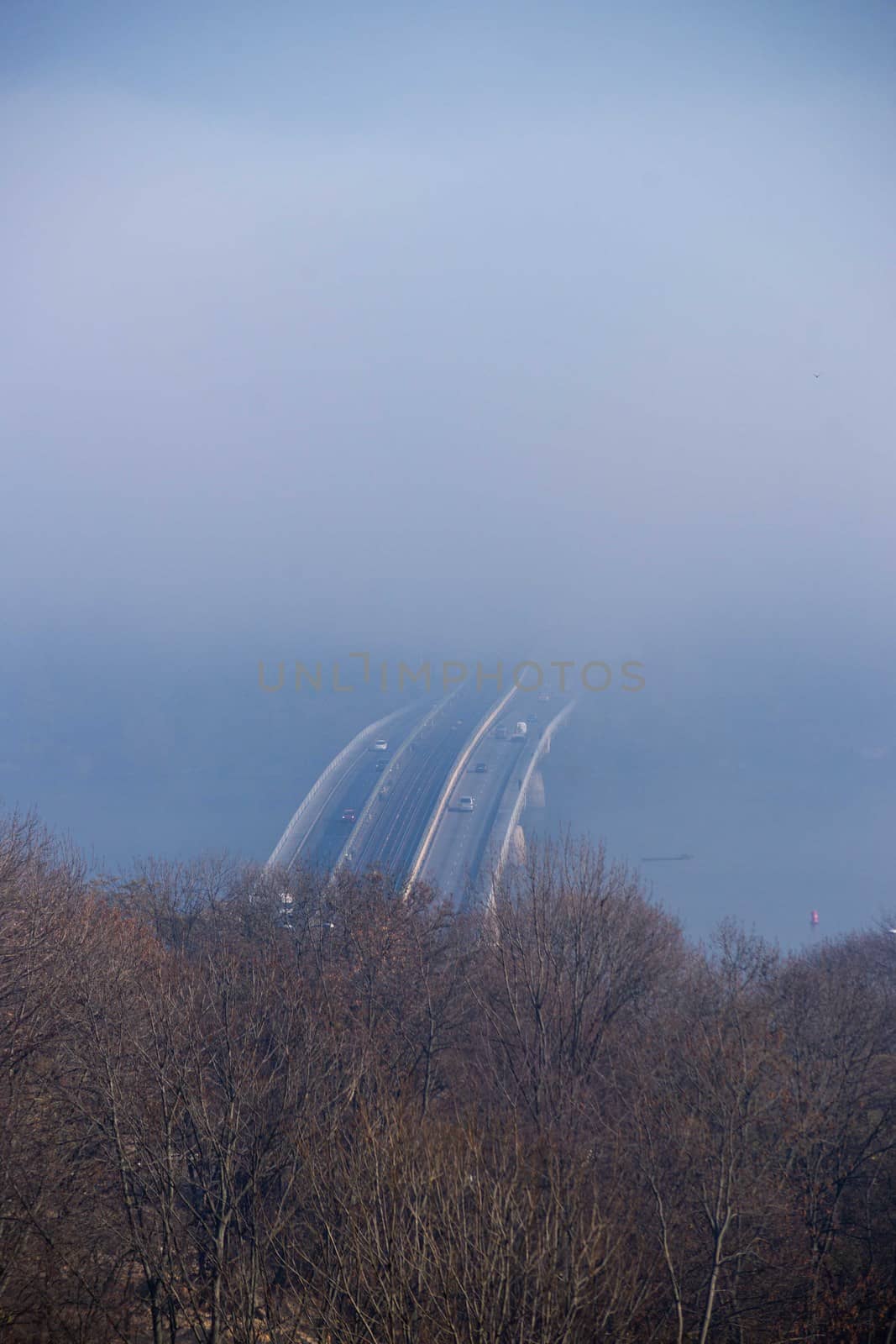 Autumn fog and river steel bridge with subway train on blurred background. Forest in foreground. by alexsdriver