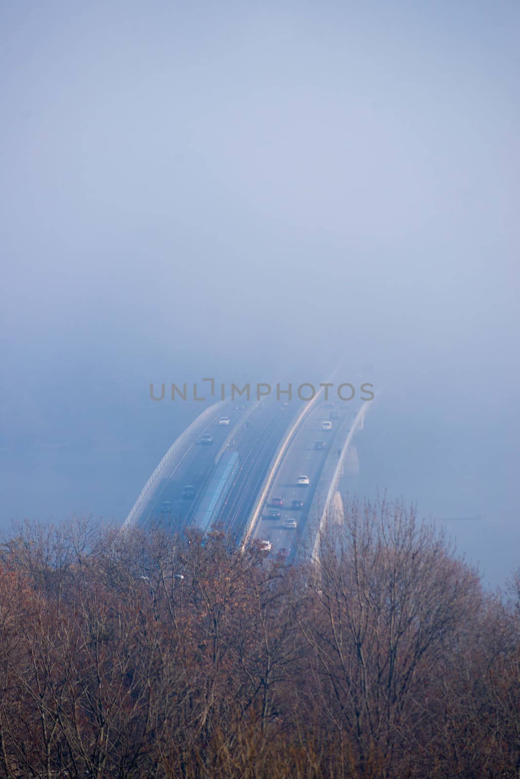 Autumn fog and river steel bridge with subway train on blurred background. Forest in foreground. 