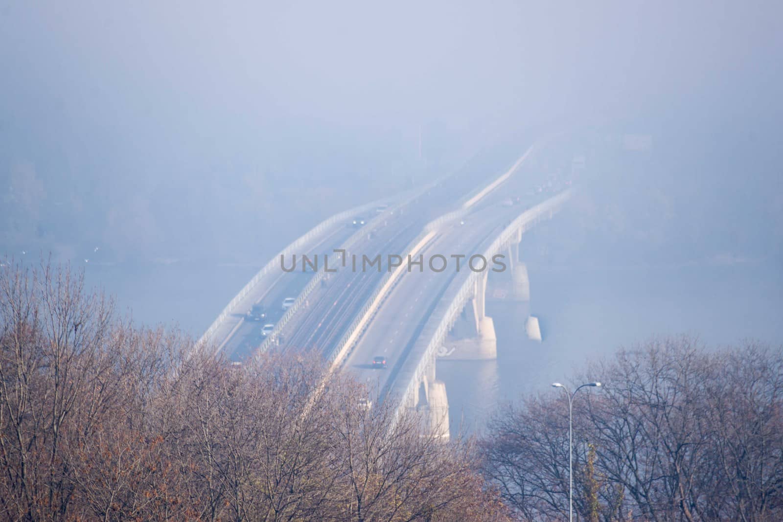 Autumn fog and river steel bridge with subway train on blurred background. Forest in foreground. by alexsdriver