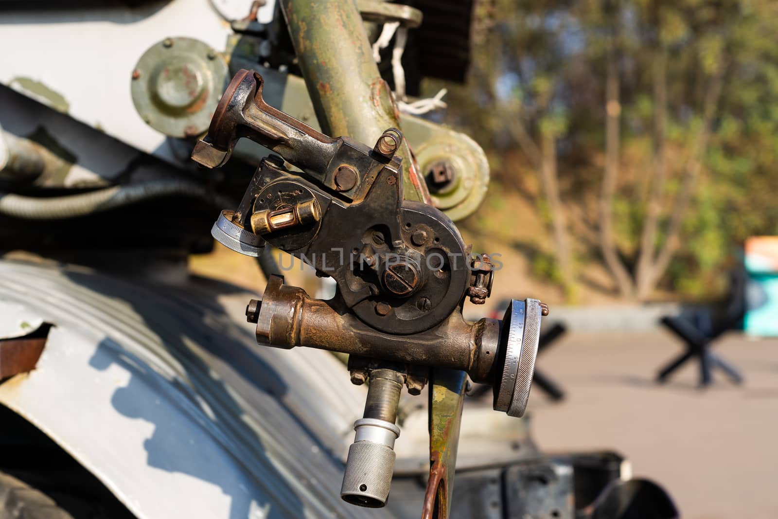 Aiming device for military rocket launcher. Outdoor military vehicles museum. Aiming device for missile launching system.