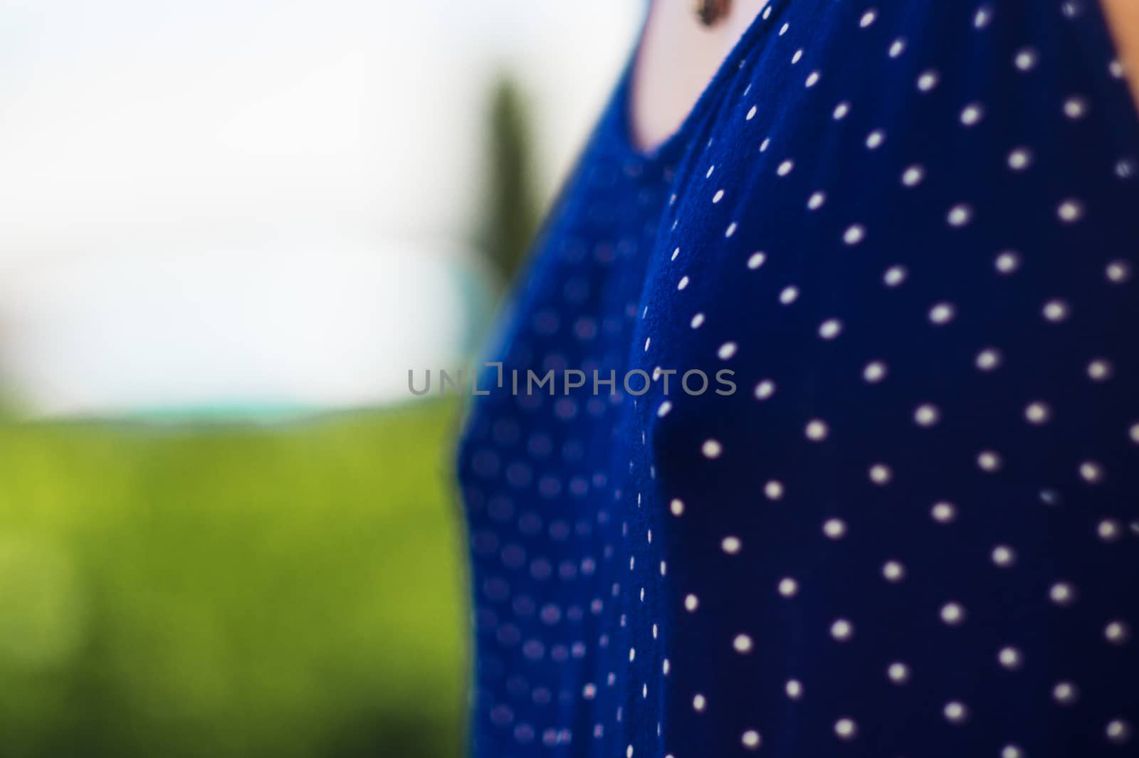 The top of the blue dress in polka dots, at the level of the female breast.
