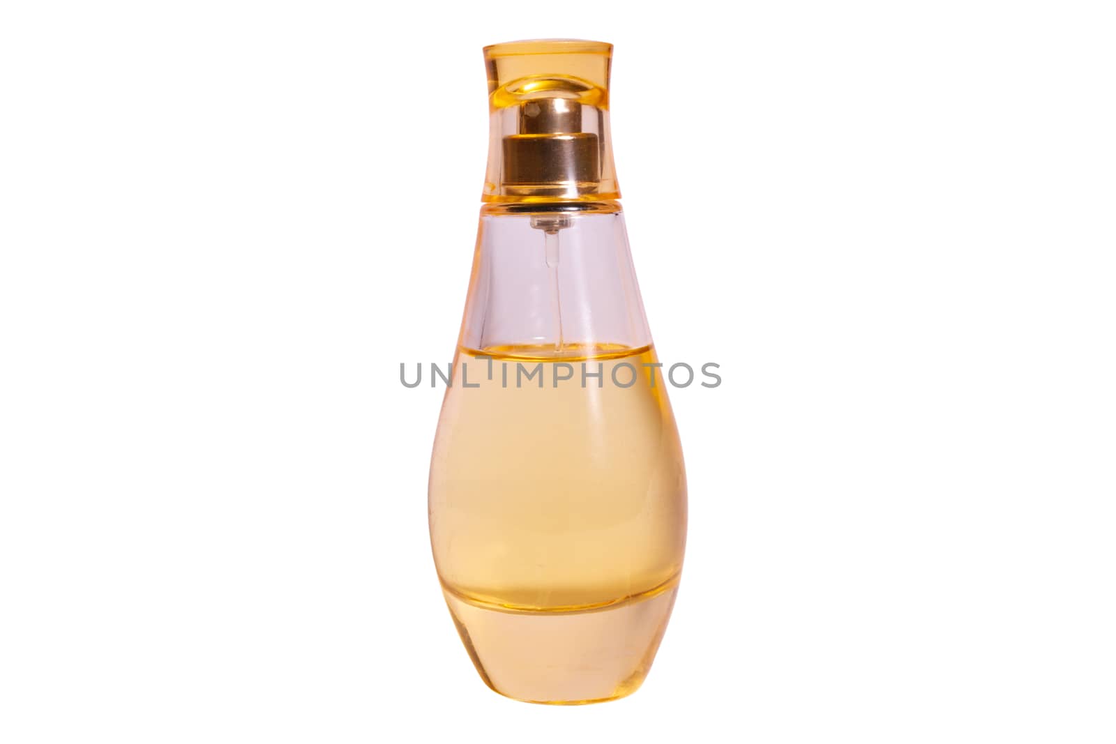 Warm yellow colour glass parfum bottle isolated on white background.