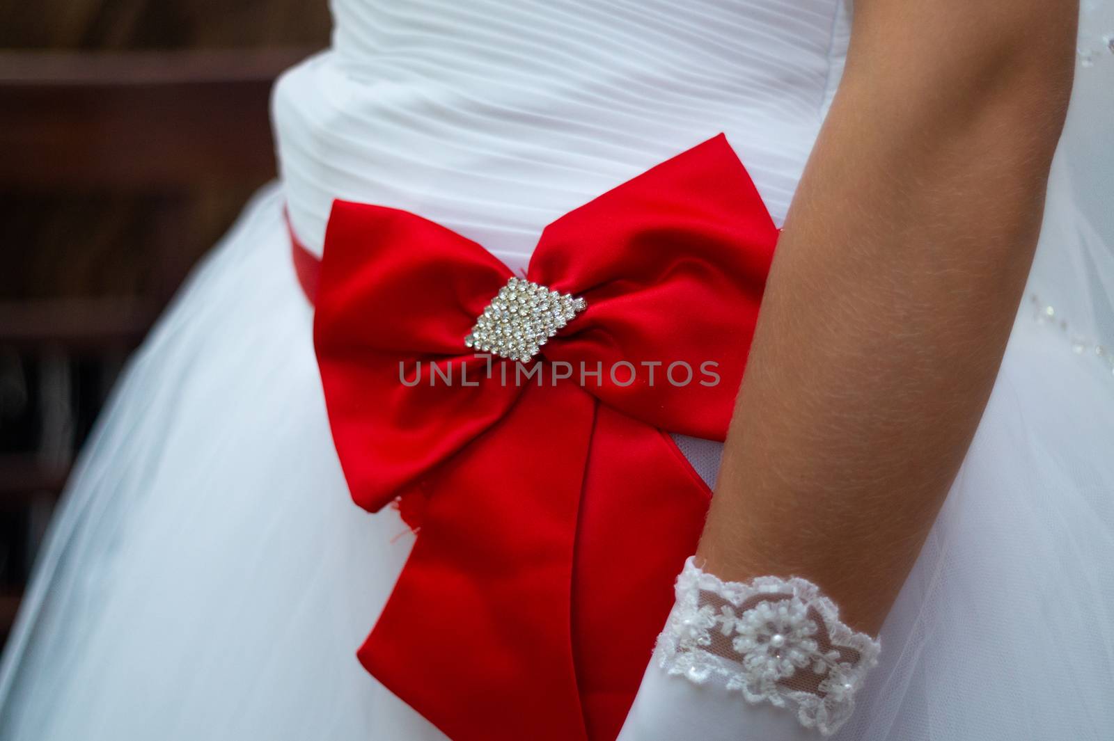 Bride`s white dress with hue red bow in close-up view. Wedding details.