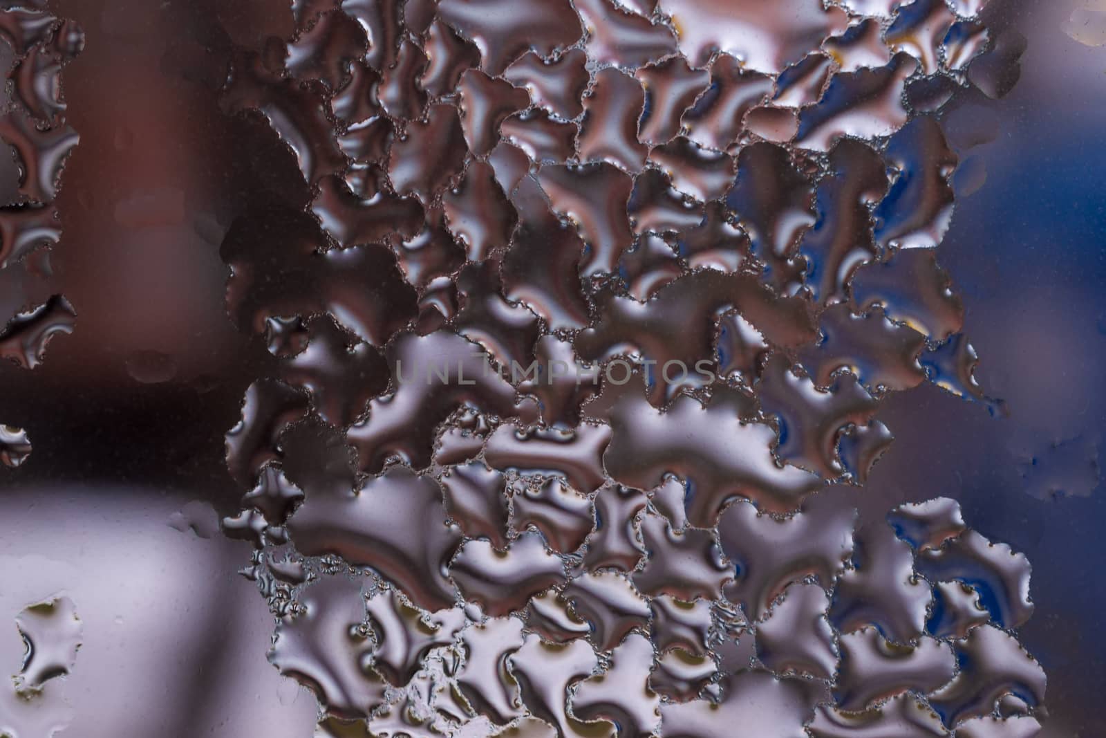 Water drops on glass window close up with blurred background. Drops in macro. Condensate on window closeup. Wet air.