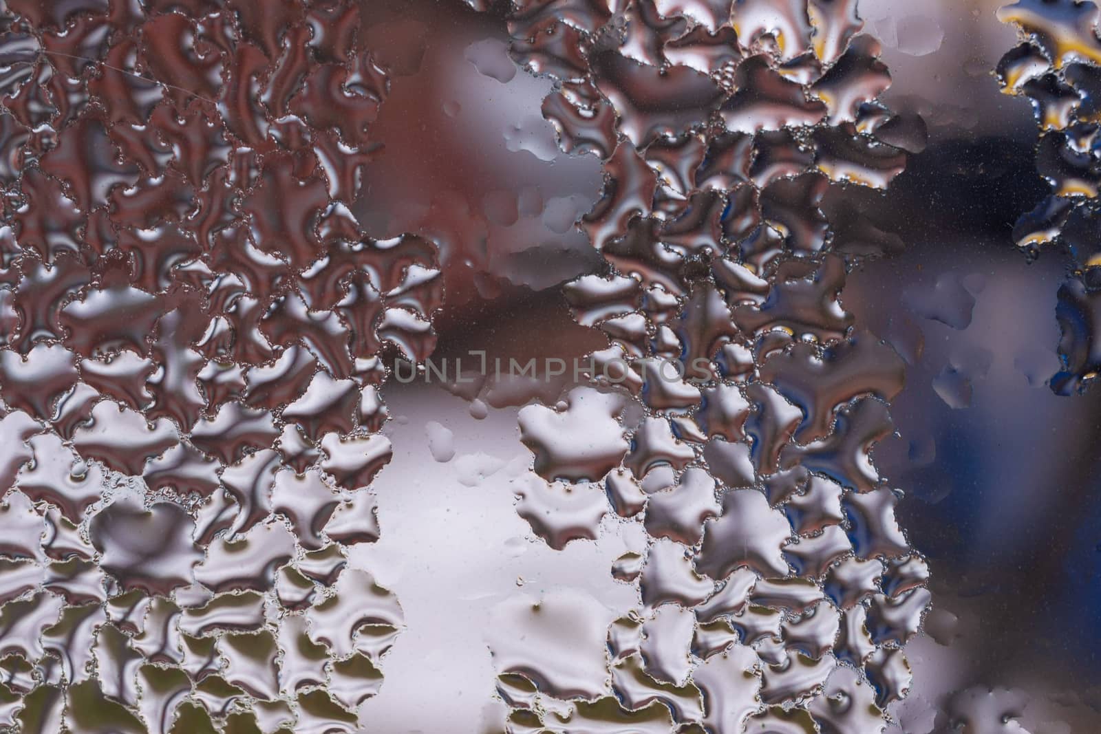 Water drops on glass window close up with blurred background. Drops in macro. Condensate on window closeup. Wet air.