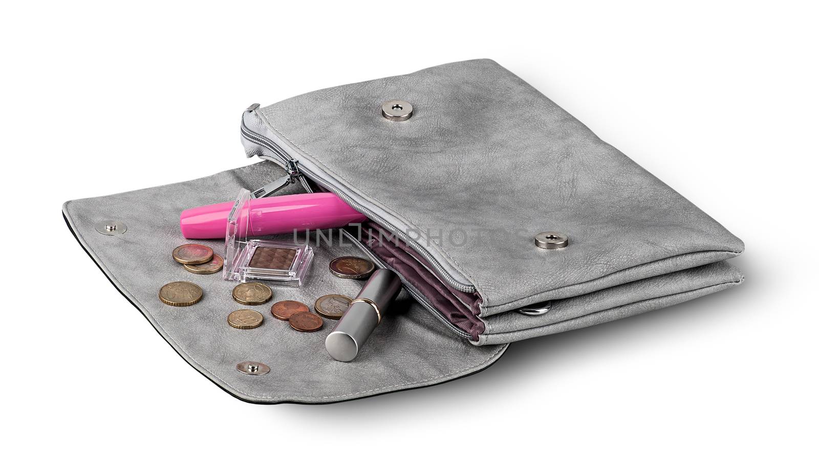 Open gray bag clutch. Cosmetics and coins nearby. Isolated on white background.