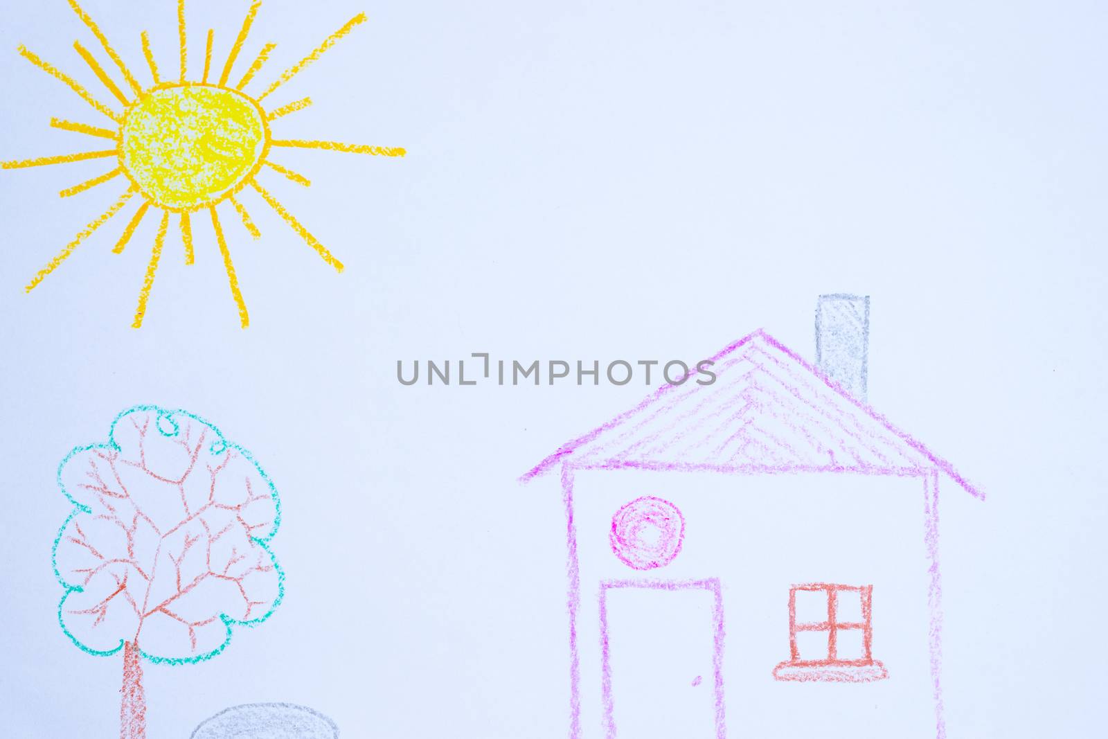 Children`s drawing of house, tree, sun and rock on white paper. Kindergarten age drawings.