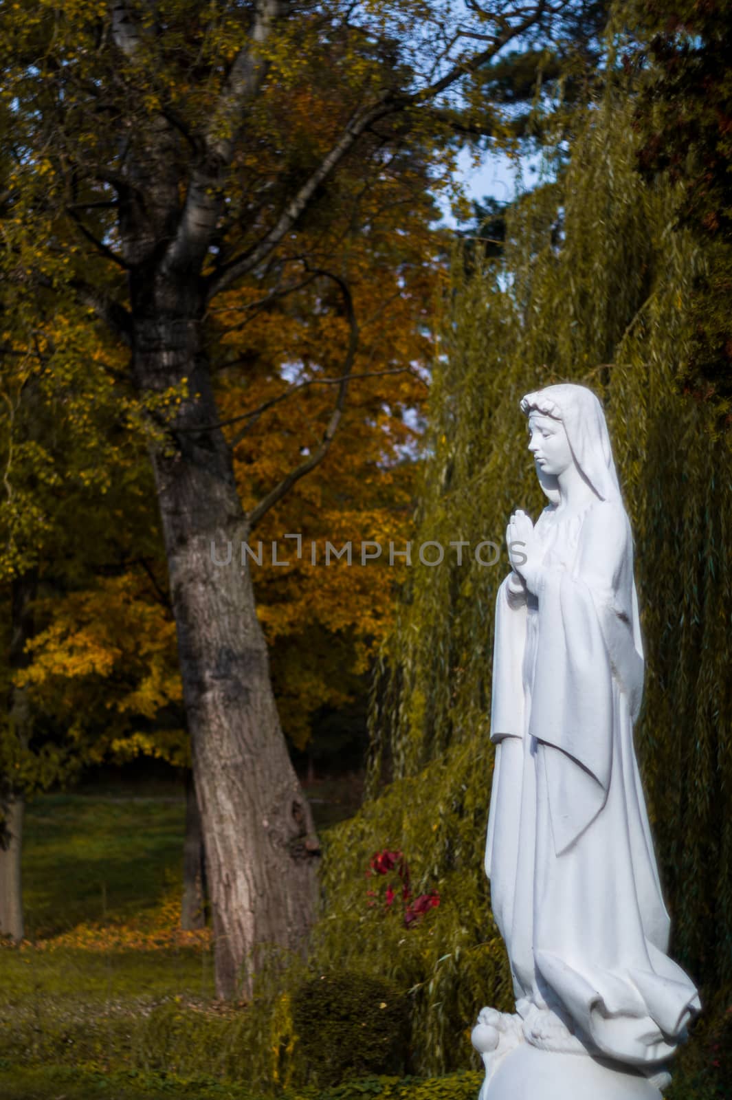 White madonna monument of saint woman in autumn park. Woman is praying