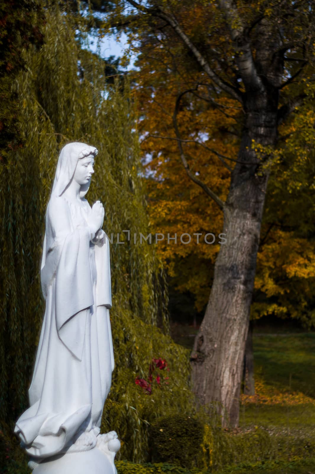 White madonna monument of saint woman in autumn park. Woman is praying