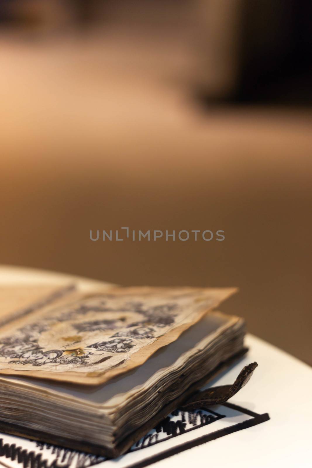 Handmade magic notebook with tower symbol on cover. Leather cover and handmade sheets inside. Notebook have 12 signs of the zodiac on first page. Very blurred background with soft focus on notebook.
