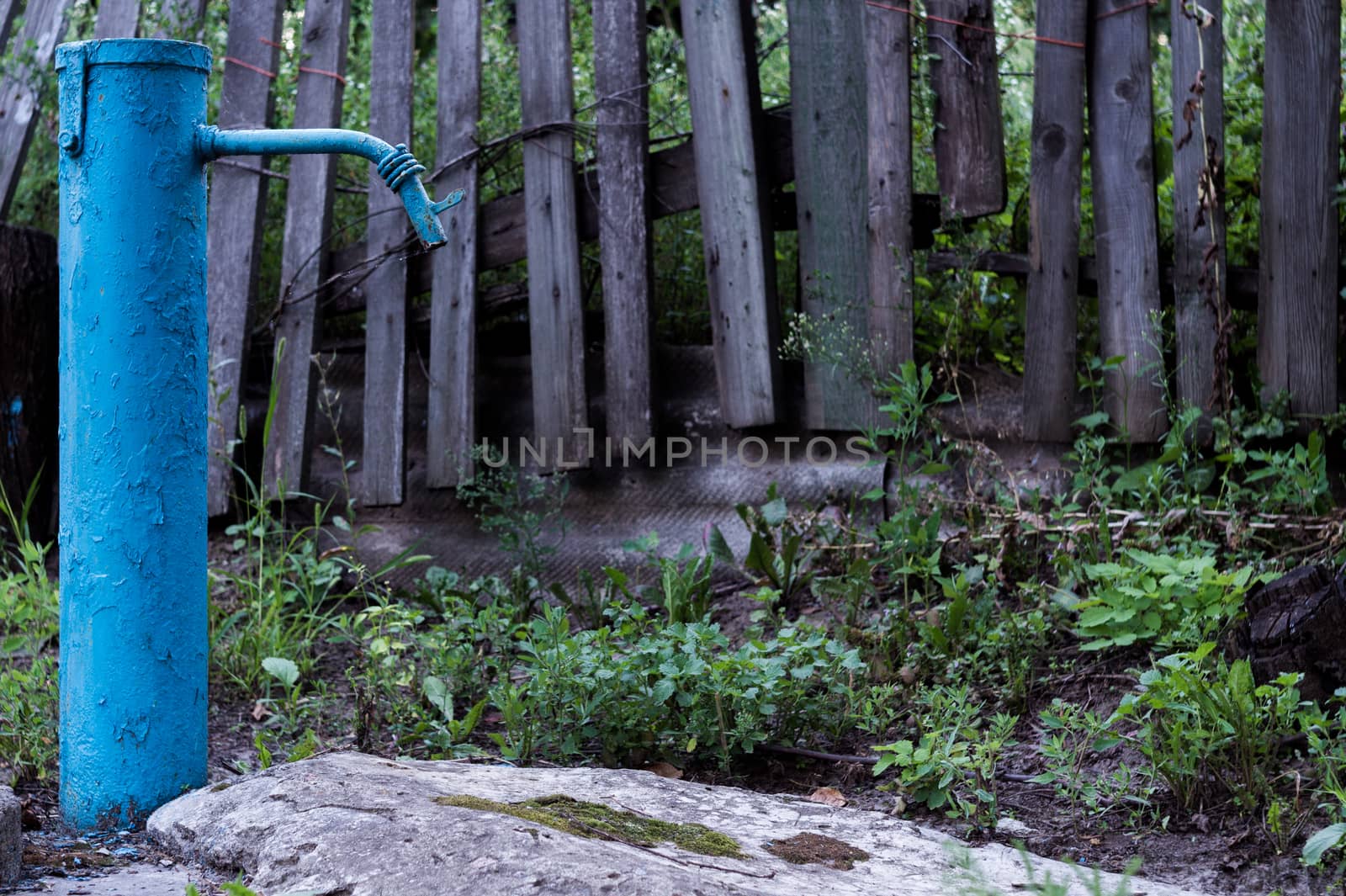 The blue broken water hydrant. Paint is very old and cracked.