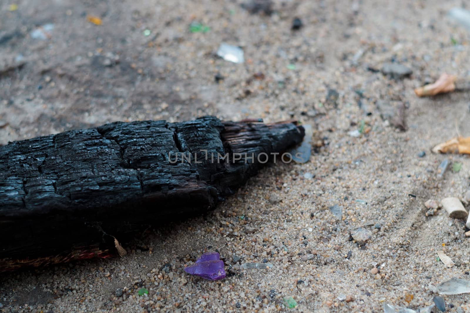 Fired wood on white sand.  Trash on the sand. Ecological problem.