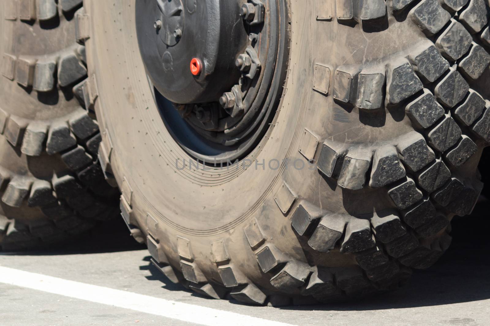 Wheel of military truck. Parade of victory in Ukraine.