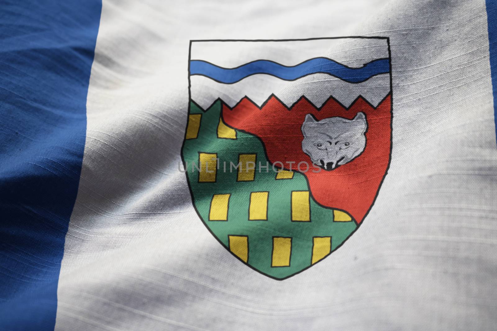 Closeup of Ruffled Northwest Territories Flag, Northwest Territories Flag Blowing in Wind