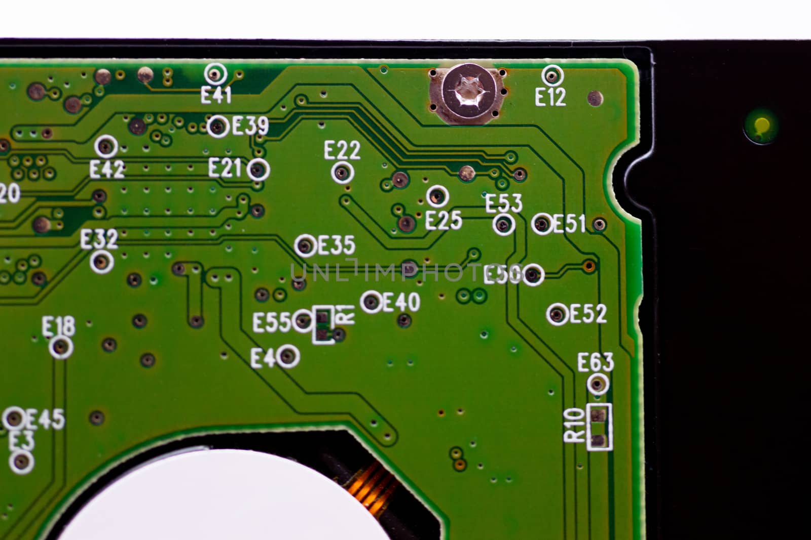 HDD microscheme close-up view. Base is green, macro look.