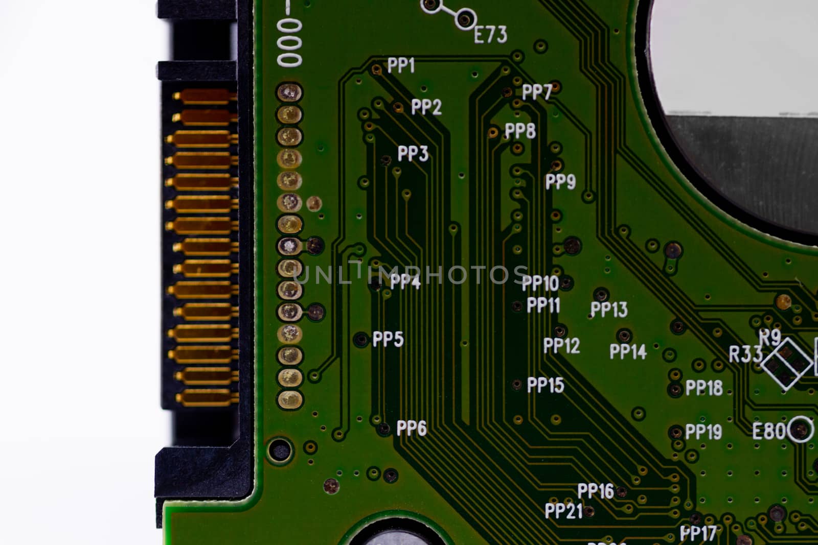 HDD microscheme close-up view. Base is green, macro look.